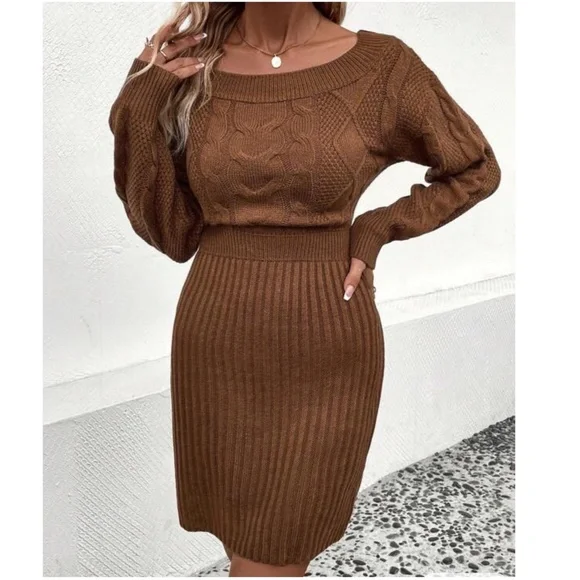Brown High Waist Knit Sweater Dress - Picture 3 of 4